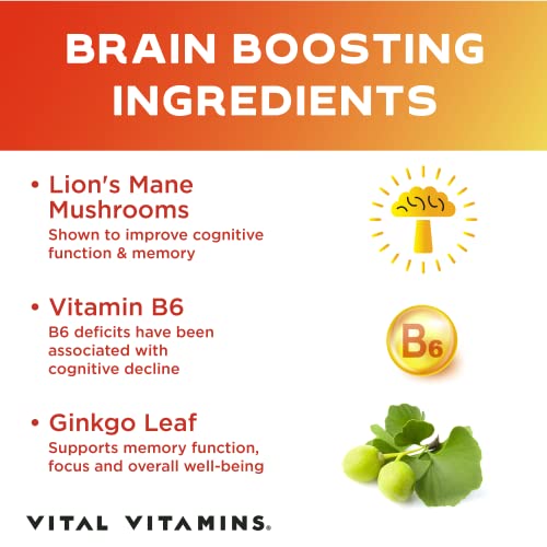 Vital Vitamins Brain Supplements for Memory & Focus - Brain Booster Plus Lion's Mane - Nootropic Brain Health - Memory, Clarity, Energy, Brain Fog