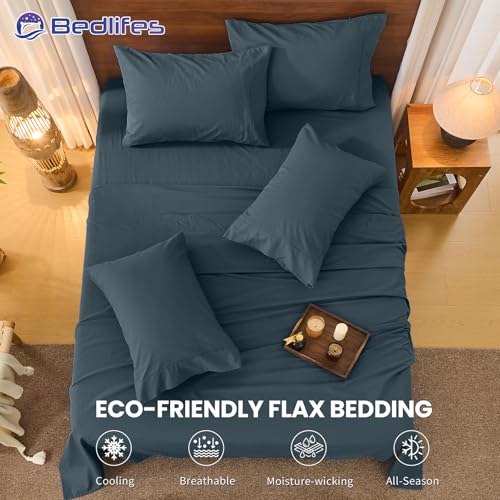 Image of Bedlifes 100% French Linen King Bed Sheet Set - 16 inch Deep Pocket, 4-Piece | Soft & Durable, Breathable & Cooling, Pure Flax Linen, OEKO-TEX Certified, Moisture-Wicking, Easy Care, Machine Washable