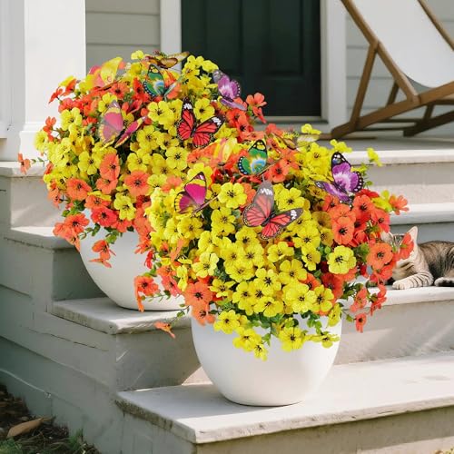 20 Bundles Artificial Flowers for Outdoors and 6 Faux Butterflies, UV Resistant Artificial Outdoor Plants Eucalyptus Silk Violet, Fake Flowers for Patio Garden Porch Home Decor (Or image 3