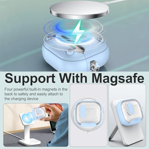 Image of Aircawin for Airpods 4 Case Clear,Secure Lock for Airpods 4th Generation Case Cover with Phone Stand and Magsafe Function,Auto Pop-up,Hybrid Protection Design with Carabiner&Cleaning Pen-Blue