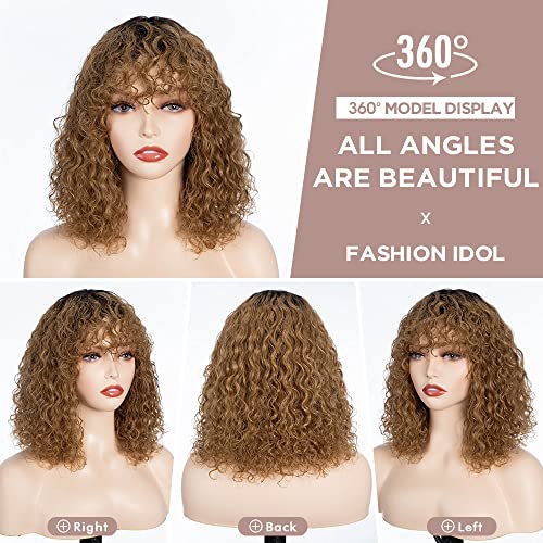 Fashion Idol Short Curly Human-Hair Wigs with Bangs 12 Inch Jerry Curl Bob Wigs Human Hair Brazilian Virgin Human Hair None Lace Front Wigs for Black Women Machine Made Ombre Gold Wigs - Image 2