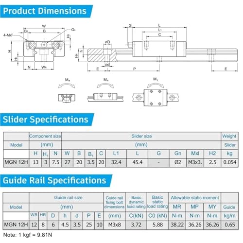 Guide linéaire MGN7 H 350mm avec 2 blocs noirs pour CNC