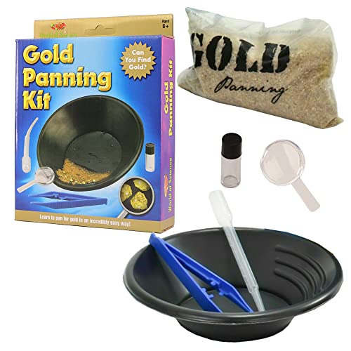 Gold Panning Kit for Kids, Can you find the Gold? Pan Through the Pay Dirt To see if you Can Find the Pyrite Nuggets, Mining Pan, Magnifying Glass, Storage Jar, Tweezers, Pipette and Instructions