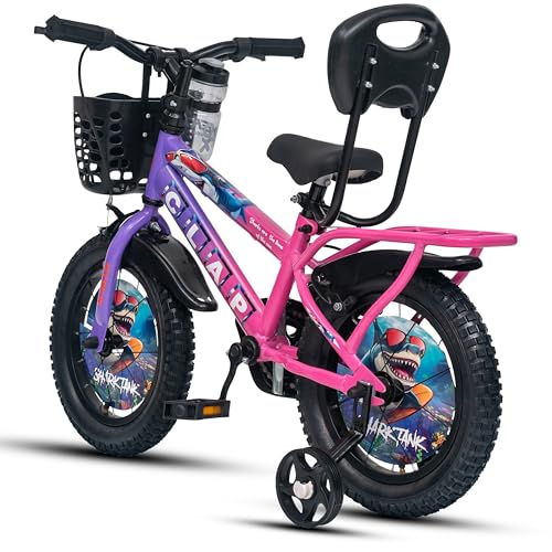 Image of Shark Tank 14T Kids Bicycle for Boys & Girls with Inbuilt Carrier, Front Basket, PU Soft Seat, Full Chain Cover & Stylish Wheelcards (Purple /Pink)