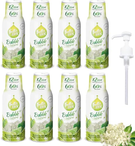 8 paquetes - FruttaMax - Concentrado de jarabe de frutas | Menos azúcar | con un 60% de contenido de fruta | adecuado para máquina de refrescos (8 x 500 ml) (8 x Flor de Saúco-Lima-Menta)