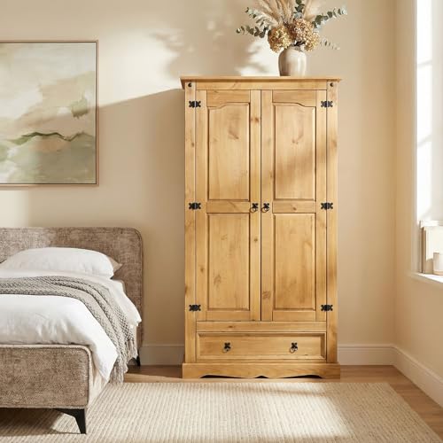 IDIMEX Armoire Tequila penderie pour vêtements Style Mexicain avec 2 Portes battantes et Rangement 1 étagère et 1 tiroir, en pin Massif Finition teintée/cirée