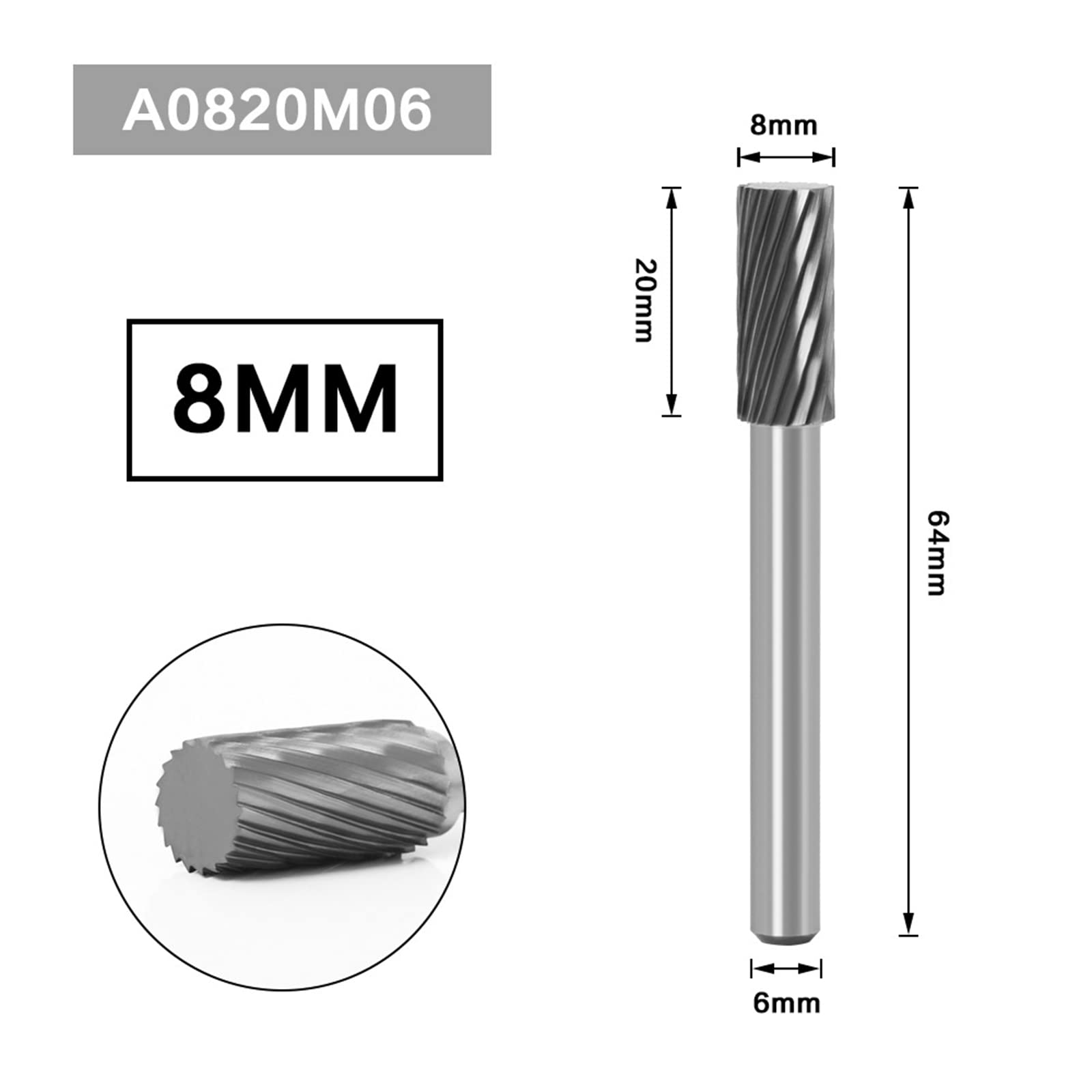 Boxonly Tungsten Carbide Rotary Burr Die Grinder Bits Single Cut Grinding Head Diameter 8mm with 1/4" Shank Rotary Tool for Woodworking Drilling DIY Engraving Metal Polishing A0820M06 - Image 2