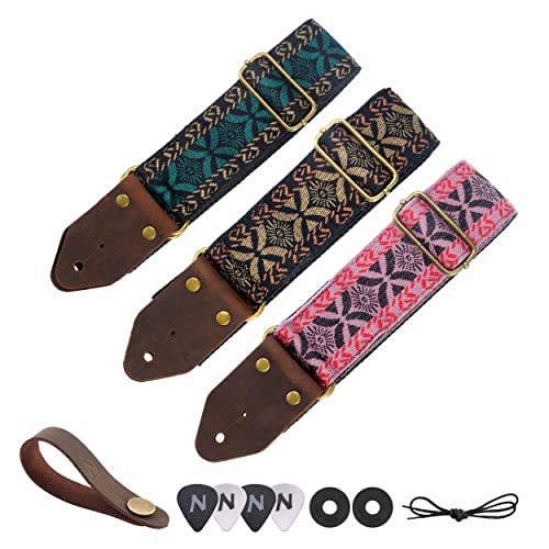 Image of Nefelibata Guitar Strap,Jacquard Embroidery Cotton Guitar Straps with Crazy Horse Leather Leather Ends for Bass, Electric & Acoustic, Best Gifts for Kids, Guitarists(Embroidered red)