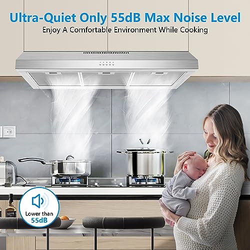 Image of 600 CFM Range Hood 36 Inch, Under Cabinet Range Hood for Duct /Ductless Convertible, Stainless Steel Kitchen Stove Vent Hood with 3 Speed Kitchen Exhaust Fan and Two Bright Energy-Saving LED Light