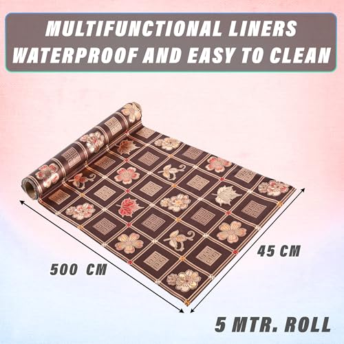 Image of Kuber Industries Pack of 3 Waterproof & Durable Kitchen Mats for Shelf Liner Roll | 5 Meters Wipeable Fridge Sheets for Shelves Cabinet Drawer | Golden Print - Dark Brown