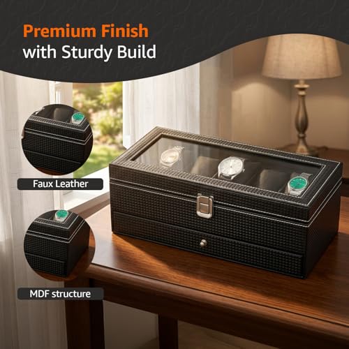 Image of Amazon Basics Sliding Drawer 6-Slot Watch and Jewelry Organizer - Faux Leather & MDF Storage Box for Men and Women, Black