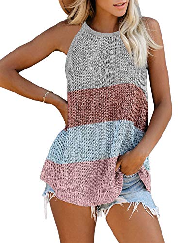 CANIKAT Women Casual Knit Tank Tops Halter Crewneck Striped Color Block Flowy Sleeveless Shirts Strappy Blouses Office Multicolor S