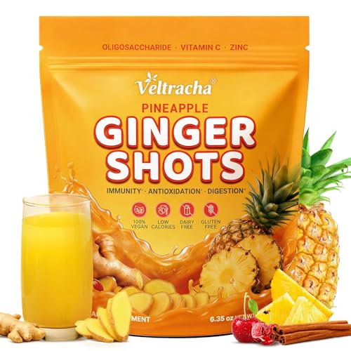 Veltracha Juicing Ginger Shots Pineapple Ginger Turmeric Drink with Vitamin C Zinc & lron Superfood Juice Powder for Immunity & Digestion Support 30 Servings (Pineapple and Ginger)