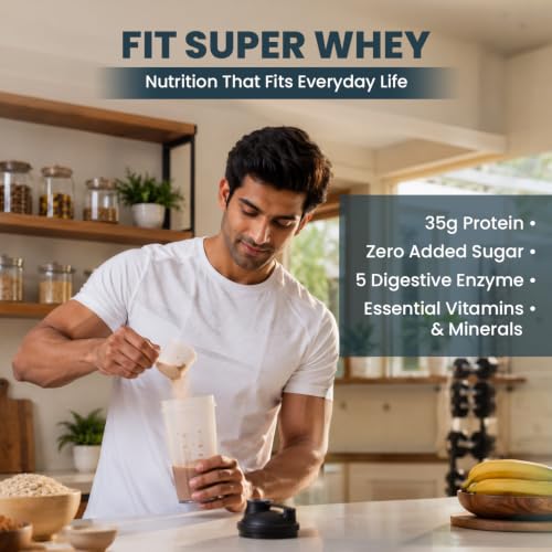 Image of Fitspire Fit Super Whey Protein Powder, Gourmet Coffee Flavour, 1kg | Whey Isolate & Concentrate Blend | 35g Protein per 100g | Digestive Enzymes for Easy Digestion | No Added Sugar | Supports Muscle Recovery & Strength