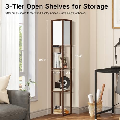 Image of OUTON Floor Lamp with Shelves, LED Shelf Floor Lamp with USB & Type C Ports, 1 AC Outlet, 3 Color Temperature, Storage Display Wood Column Tall Standing Lamp for Living Room, Bedroom Office, Walnut