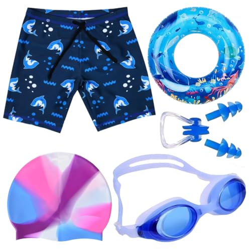 Image of Kids 6-in-1 Swimming Kit Includes Swim Trunks, Cap, Goggles, Swim Ring, Nose Clip & Earplugs Swimwear Set for Boys Perfect for Pool, Beach, Swimming Lessons & Water Fun