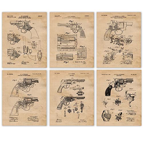 Classic Revolvers Patent Prints, 6 (8x10) Unframed Photos, Wall Art Decor Gift for Home Office Gears Ammo Gun Shop Garage Student Teacher Coach Cowboys Target Range Safety Training Instructor Fans