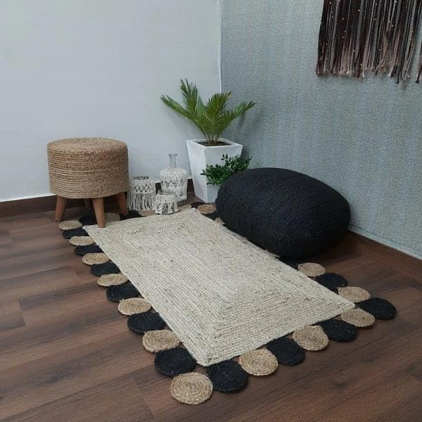 Premium Boho Collection-Braided Chindi with Black Tikki Rectangular Carpet- Multiple Sizes 6x9 Ft (9x13 ft)