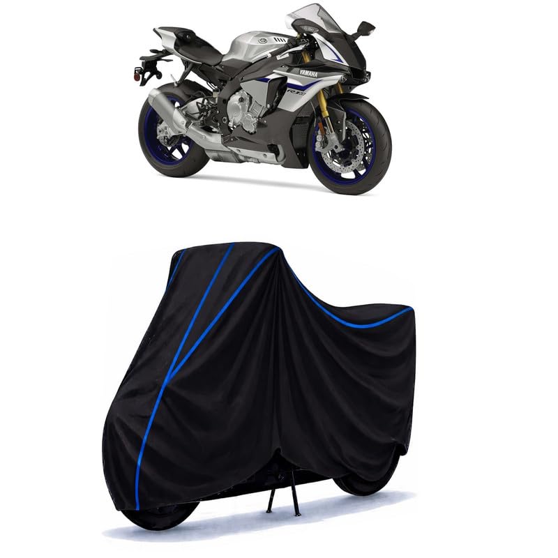 Image of YZF R1 M Bike Cover Water Resistant Universal Motorcycle Rain | Heavy Duty UV Protection, Dust, Scratch Indoor Outdoor All Weather with Black Blue Piping Elastic
