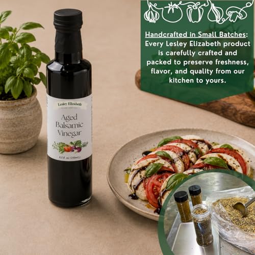 Image of Lesley Elizabeth Aged Balsamic Vinegar - Authentic Modena Italian Balsamic, Rich & Syrupy Flavor - Perfect for Salads, Veggies, Meats & Cheese - 8.5 fl oz (250ml) Glass Bottle