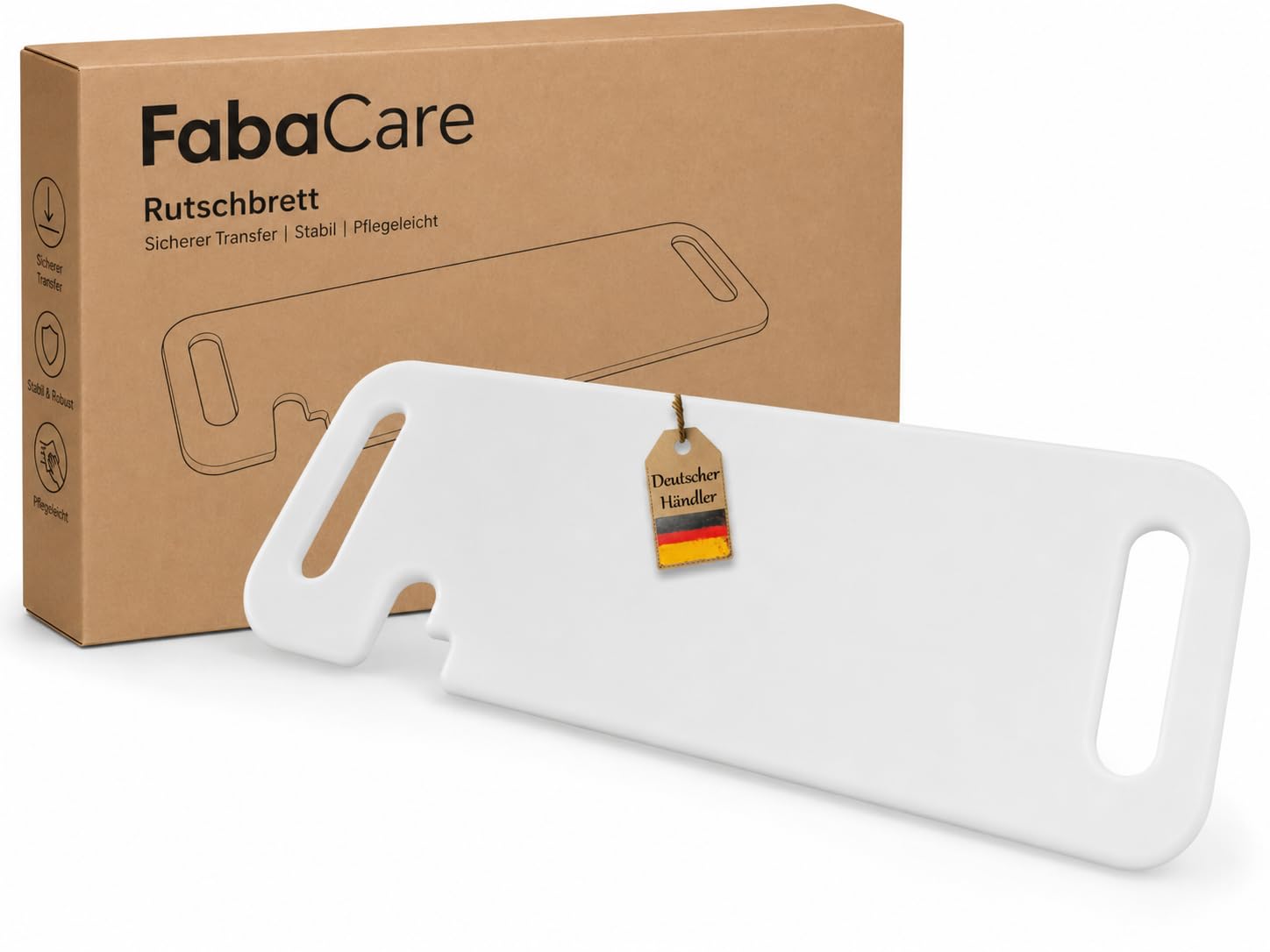 FabaCare Rutschbrett für Rollstühle EasyTransfer – Transferhilfe mit Aussparung für Reifen & Greifreifen, Rollstuhlbrett mit Grifföffnungen, Umsetzhilfe für Rollstuhl, Bett & Stuhl, 70 x 23 cm