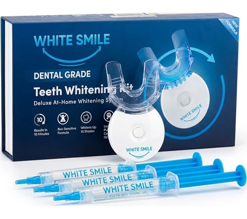 White Smile Teeth Whitening Kit with LED Light System, 35% Carbamide Peroxide, 3 Gel Syringes, Mouth Tray, 10-Minute Treatment, Non-Sensitive Formula, Stain Removal, Whitens up to 10 Shades in 7 Days