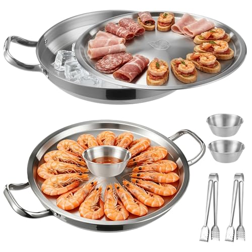 2-Set Chilled Serving Tray,Stainless Steel Shrimp Cocktail Serving Dish,12 Inch Cold Food Buffet Server With Ice Trays,Tongs, And Sauce Dishes, Cold Chilled Seafood Serving Platters Set For Parties