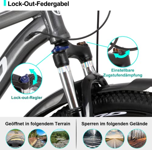 Foto von Hiland 27,5 Zoll Mountainbike aus Aluminium, Federgabel, Shimano 24 Gänge Schaltung, mit Scheibenbremse MTB Fahrrad Jugendliche Herren Damen Grau