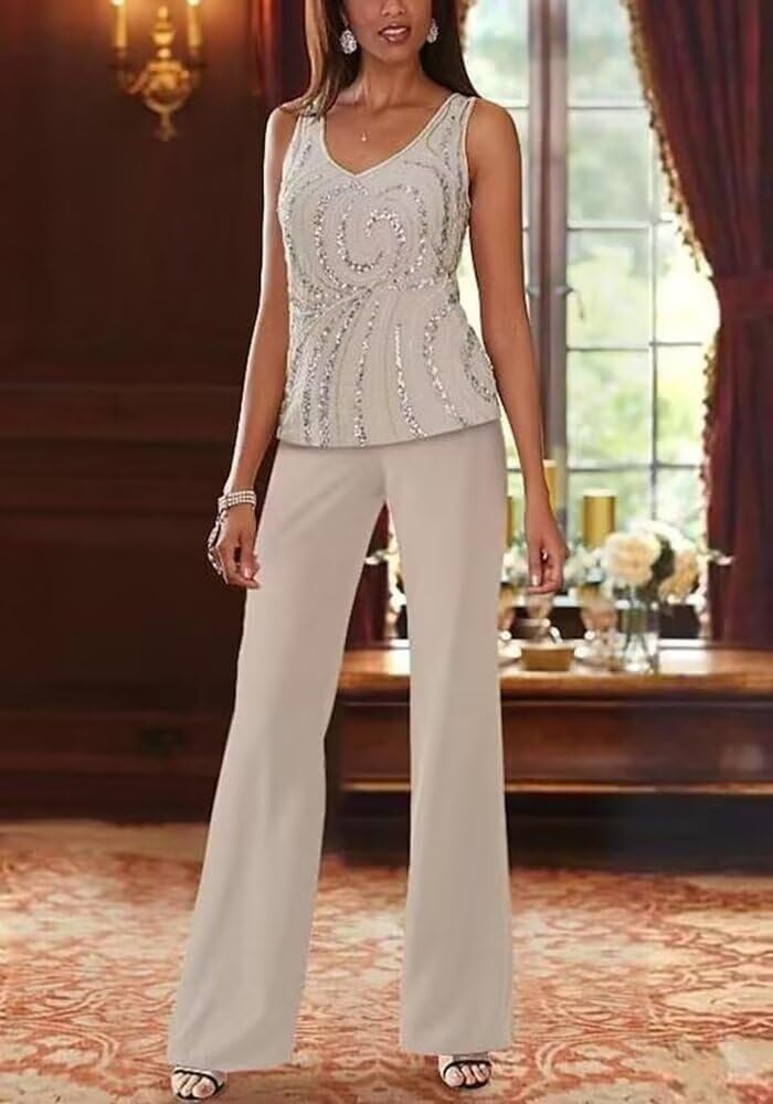 3 Piece Mother of The Bride Pantsuits for Wedding Chiffon Beaded Formal Evening Gown with Jacket Outfit DP022