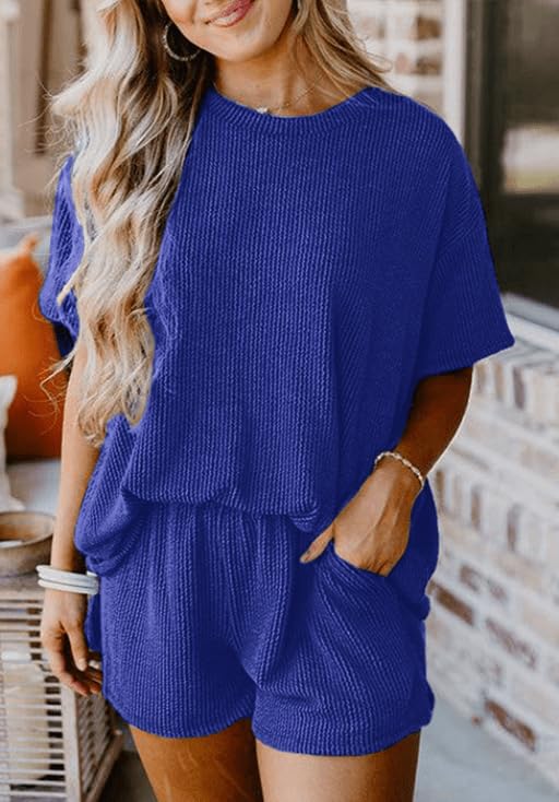 Image of Womens Pajama Sets 2 Piece Pjs Sleepwear Soft Comfy Short Sleeve Tops and Shorts Lounge Set Loungewear Outfit