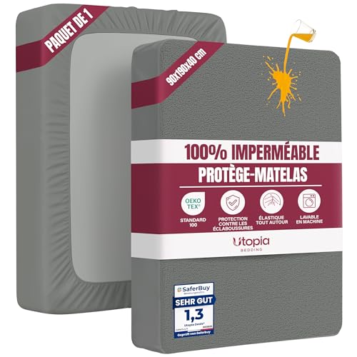 Utopia Bedding Protège Matelas 90 x 190 x 40 cm Imperméable, Certifié Oeko TEX, Alèse Drap Housse, Matelas Couvre, Respirant, Élastique Tout Autour Gris