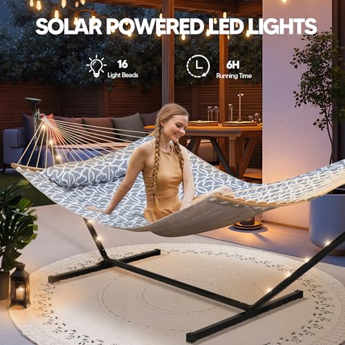 Image of SUNCREAT Outdoor Hammock with 12 ft Stand, Solar Powered Lights, Grey