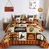 Luxudecor Halloween Quilt Set King Orange Cartoon Patchwork Bedspread Pumpkin Skull Witch Hat Bat Cobweb Festival Themed Bedding Set Reversible Soft Microfiber Coverlet for Autumn (3pcs, 108'x92')