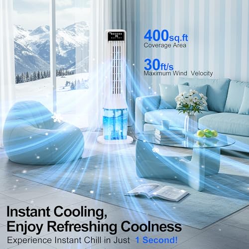 Image of Uthfy 41 inch Portable Air Conditioners, 120 Oscillating Cooling Fans that Blow Cold Air with 24H Timer, 4 Modes & 3 Speeds, Dual Water Tank, 4 Ice Packs, Remote, 2.4 Gal, 3 In 1 Swamp Cooler for Bedroom