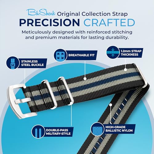 Image of BluShark - Original Collection Military-Style Waterproof Watch Strap, Fits All Timepiece Brands, Durable Nylon Wristwatch Accessories with Stainless Steel Buckle - 18mm, 20mm, 22mm & 24mm Watch Bands