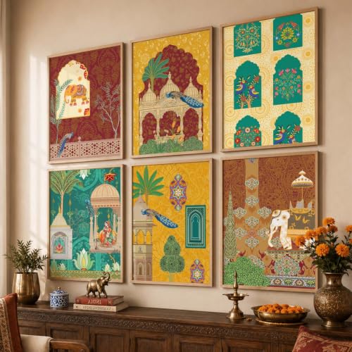 Image of KOTART Decorative Traditional Indian Wall Art Madhubani Paintings for Living Room | Framed Wall Painting for Home Room Bedroom Office Decor | Pichwai Art Painting for Decoration | Poster With frames | Paintings For Home Decoration | Indian Decor Frames | set of 6 (D)