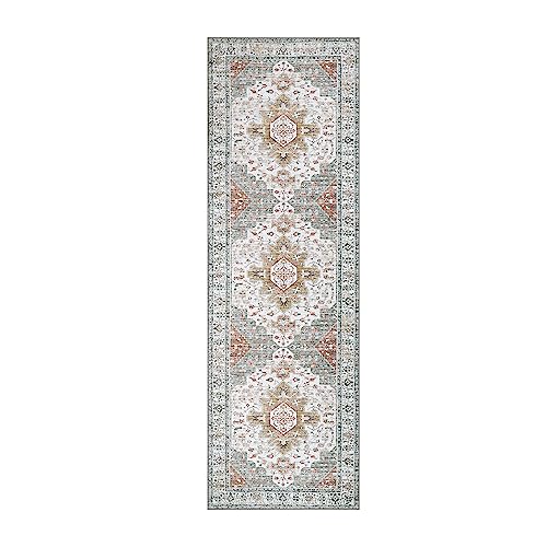 Moynesa Ultra-Thin Washable Runner - 2'6" x 8' Hallway Rug, Kitchen & Bathroom Carpet, Vintage Printed Low Pile Entryway Runner for Apartment, Camper, RV, Beige/Gold