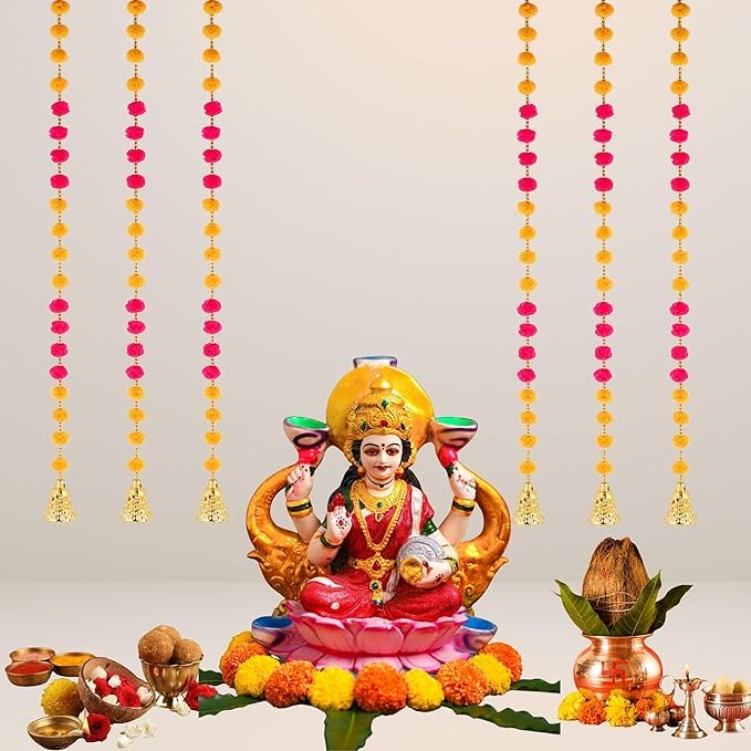Image of Pink Lotus & Mango Leaf Toran for Door, Hanging for Main Entrance, for Office,Temple,Diwali, Party (6 LINE Yellow Pink)