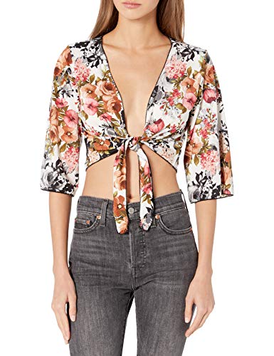 Star Vixen Women's Plus Size Tie Front Elbow Sleeve Cardigan, Light Floral, 1X