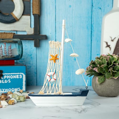 Image of Wooden Decorative Sailboat Nautical Model Showpiece - 15x4x22 cm | Miniature Sailing Boat Showpiece for Home Decor, Living Room, Office & Table Desk Decoration | Dark Blue Border-Donut Tube