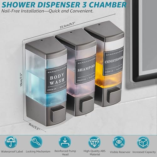 Image of Shower Shampoo Dispenser 3 Chamber No Drill, Grey | Wall Mounted, Large Capacity 3x16.9oz, ABS Plastic Material, Refillable With Labels, For Bathroom Hotel