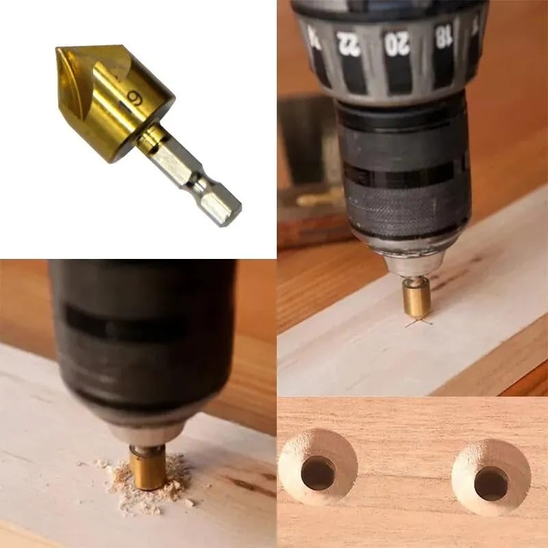 Lagnlnaoy 6PC Hexagonal Handle Titanium Plated Five Edge Chamfering Knife Countersunk Drill 6-19mm Woodworking Spot Facer Tool Set