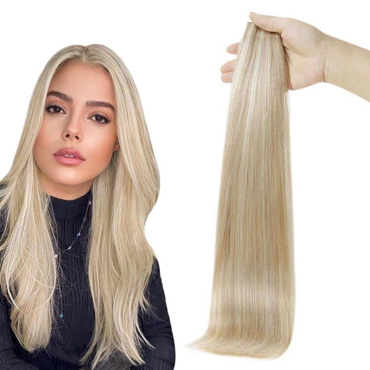 RUNATURE Tape in Hair Extensions Human Hair Blonde Highlighted Hair Extensions 18inches 50g Single Sided Tape in Extensions