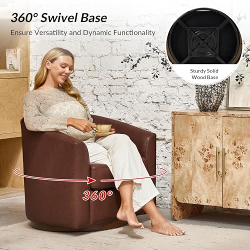 Image of HULALA HOME Genuine Leather Swivel Barrel Chairs Set of 2, Round Swivel Accent Chairs with Solid Wood Base, Leather Barrel Accent Chair for Living Room, No Assembly Required, Brown