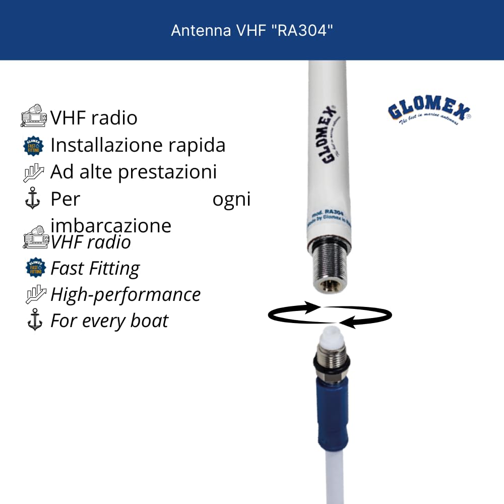 Glomex – Antenna VHF Glomeasy Compatta 25cm (Fibra di Vetro), Modello RA304 – Fast Fitting FME, 3dB, Per Ponte o Testa d'Albero, Per barche a vela e motore – Installazione Rapida e Performante