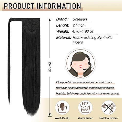 Sofeiyan Long Straight Ponytail Extension 24 Inch Wrap Around Ponytail Synthetic Hair Extensions Clip In Ponytail Hairpiece For Women, Natural Black #TOP3