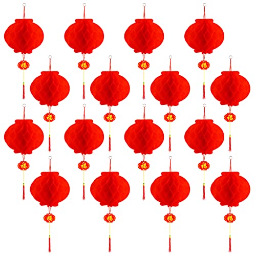 16 Pieces Chinese Round Hanging Red Paper Lanterns Decorations for 2020 New Year Spring Festival Party Decor, Wedding and Restaurant