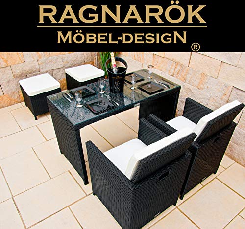 Ragnarök-Möbeldesign Gartenmöbel Essgruppe | In Schwarz | Aus PolyRattan | Tisch mit 2 Stühlen & 2 Hocker incl. Glas und Sitzkissen - 0039517766857 Ragnarök-Möbeldesign Gartenmöbel Essgruppe | In Schwarz | Aus PolyRattan | Tisch mit 2 Stühlen & 2 Hocker incl. Glas und Sitzkissen