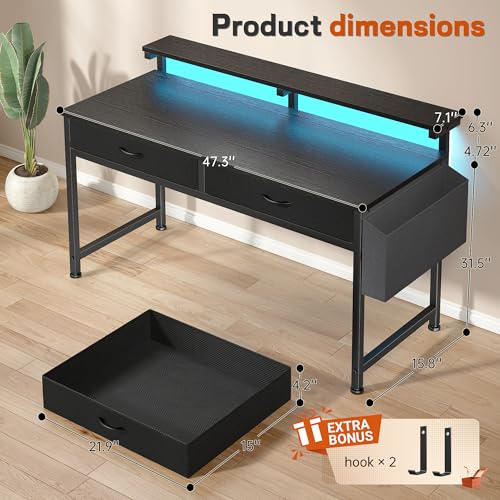 Image of DurayLoly 47.3Inch Gaming Desk with LED Lights with 2 Drawers, Home Office Desk Computer Desk with Side Pocket & Ergonomic Monitor Stand, Small Space Study Writing Table with Anti-Tip Design,Black
