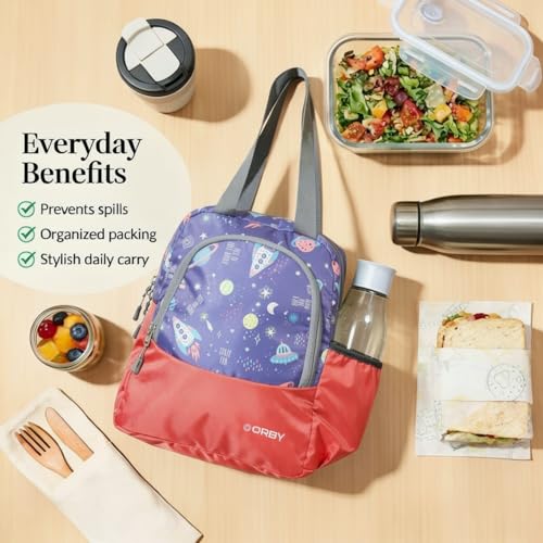 Image of ORBY Lunch Bag Rocket Planet Red | Water-Repellent Durable Fabric | Tiffin Bag with Bottle Holder & Front Pocket | Strong Zipper & Spacious Meal Storage (Rocket and Planet Pattern, Red)